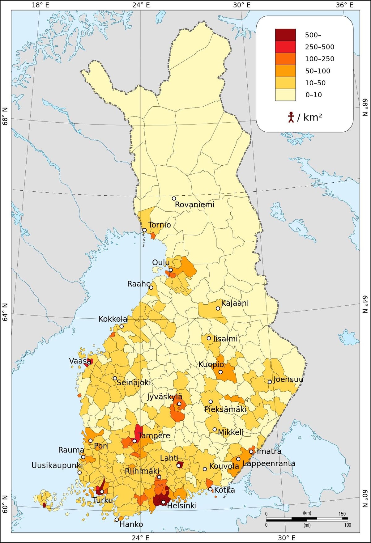 フィンランドの人口密度の地図
