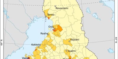 フィンランドの人口密度の地図